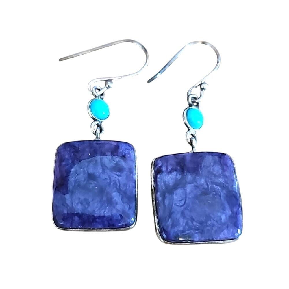 Vintage Sterling Silver and Lapis Lazuli Square Drop Earrings w/Turquoise Accent